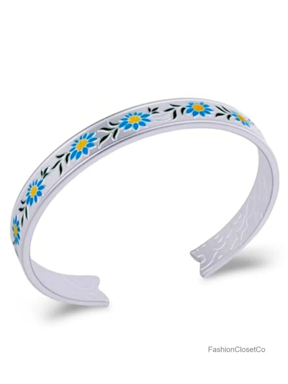 Silver Cuff Bracelet with Floral Blue Pattern Adjustable Bangle Boho Jewelry